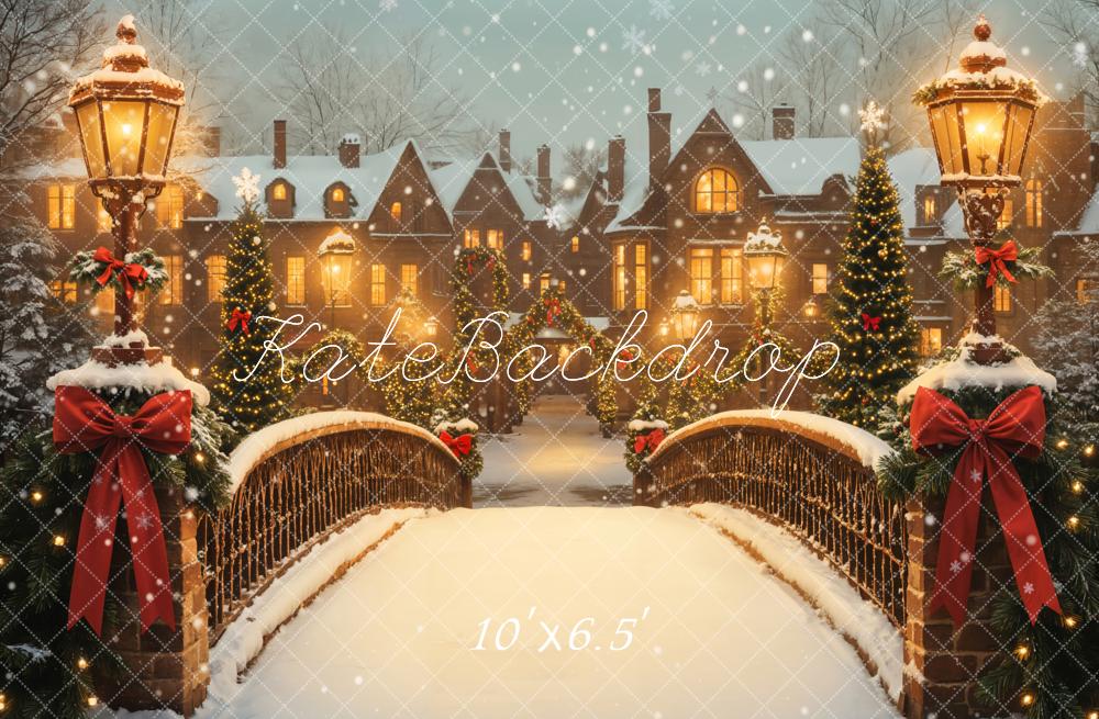 Kate Christmas Snowy Bridge Houses Fleece Backdrop Designed by Emetselch -UK