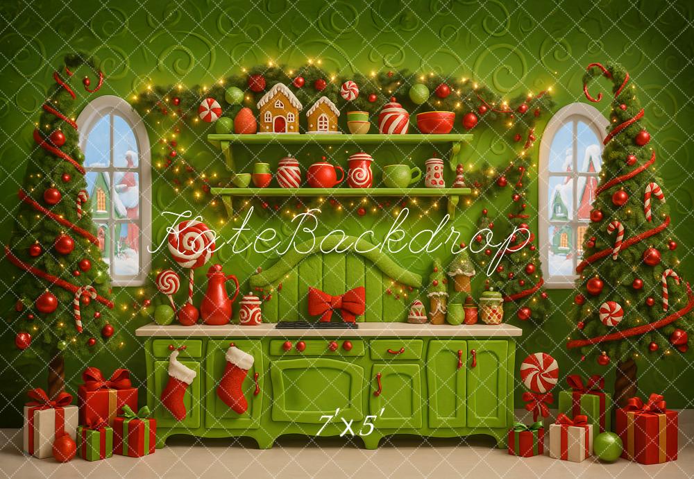Kate Christmas Green Kitchen Gingerbread Trees Backdrop Designed by Ashley Paul