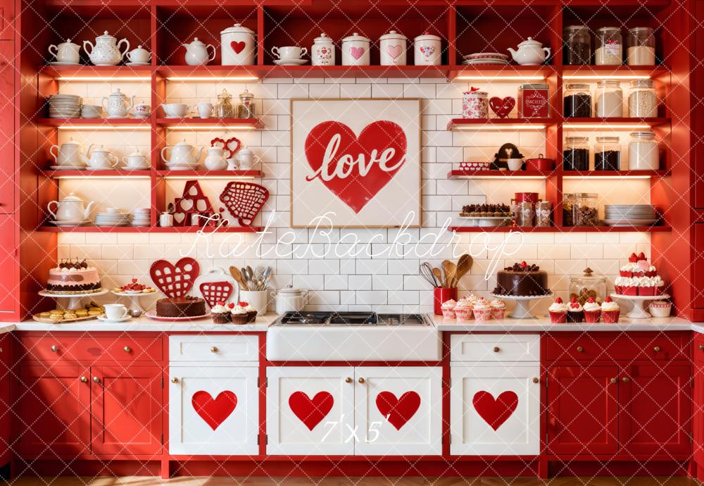 Kate Valentine Red Kitchen Love Hearts Backdrop Designed by Emetselch