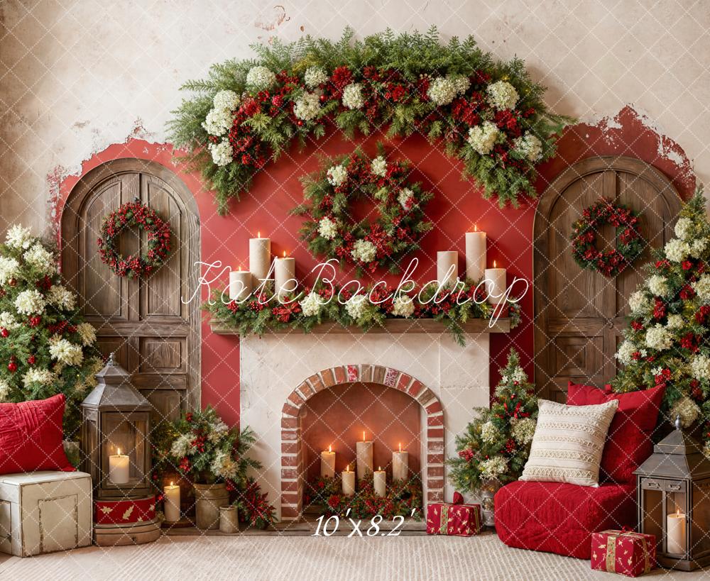 Kate Christmas Fireplace Garland Candles Fleece Backdrop Designed by Emetselch -UK