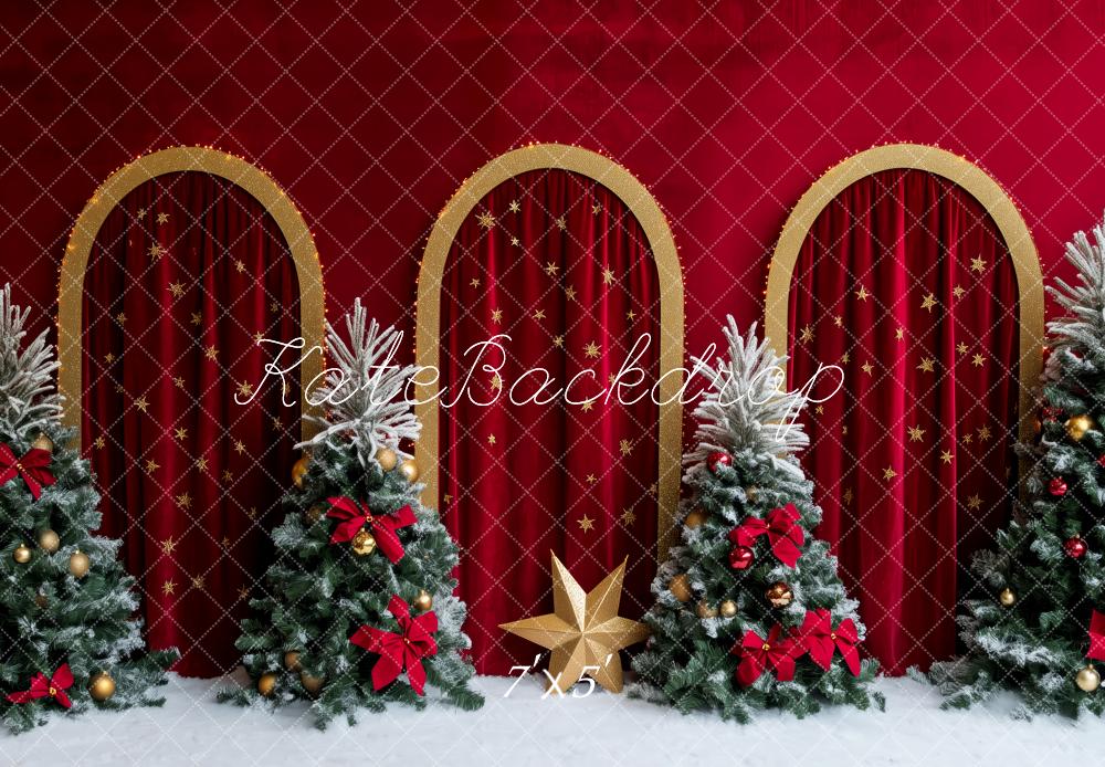 Kate Christmas Holiday Red Curtains Trees Backdrop Designed by Patty Robert