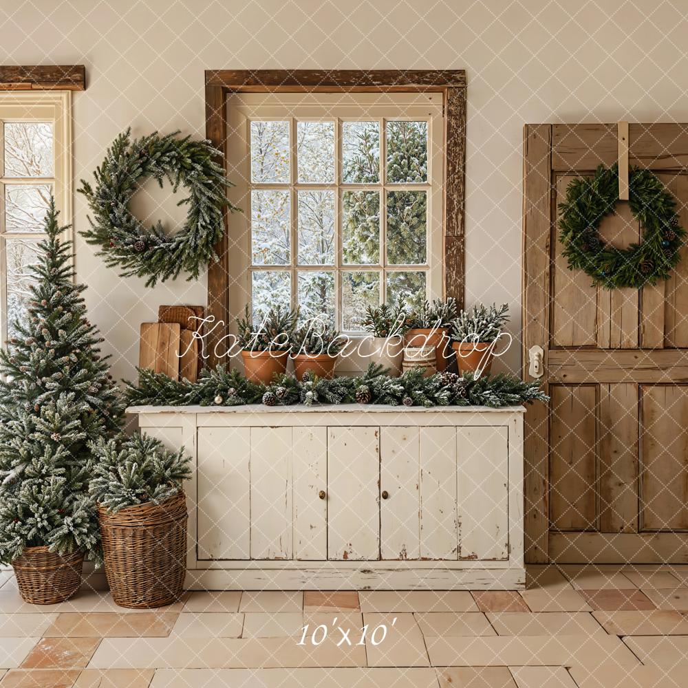 Kate Christmas Wreaths Tree Rustic Windows Backdrop Designed by Emetselch
