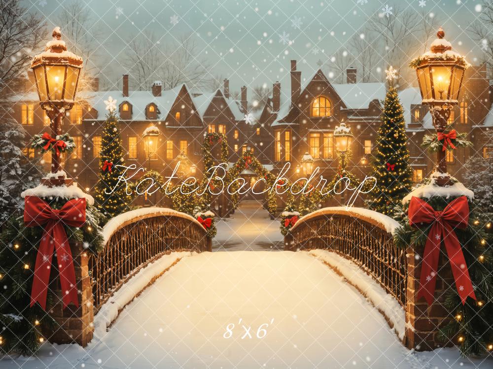 Kate Christmas Snowy Bridge Houses Fleece Backdrop Designed by Emetselch -UK