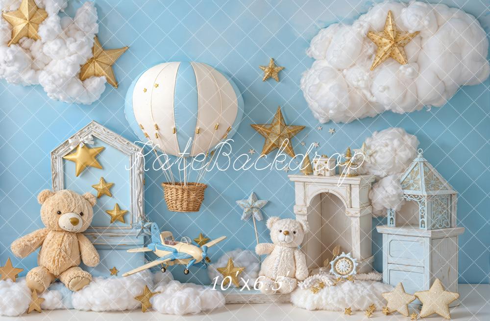 Kate Teddy Bears Hot Air Balloon Stars Clouds Blue Backdrop Designed by Emetselch
