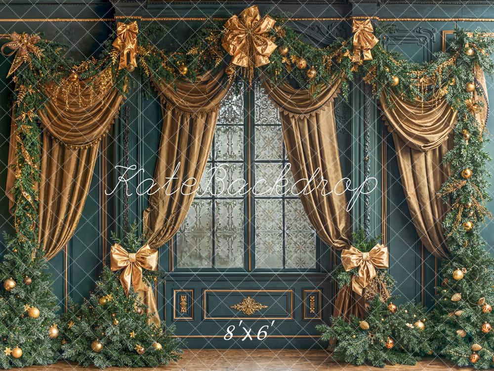 Kate Christmas Window Gold Drapes Garland Fleece Backdrop Designed by Emetselch -UK