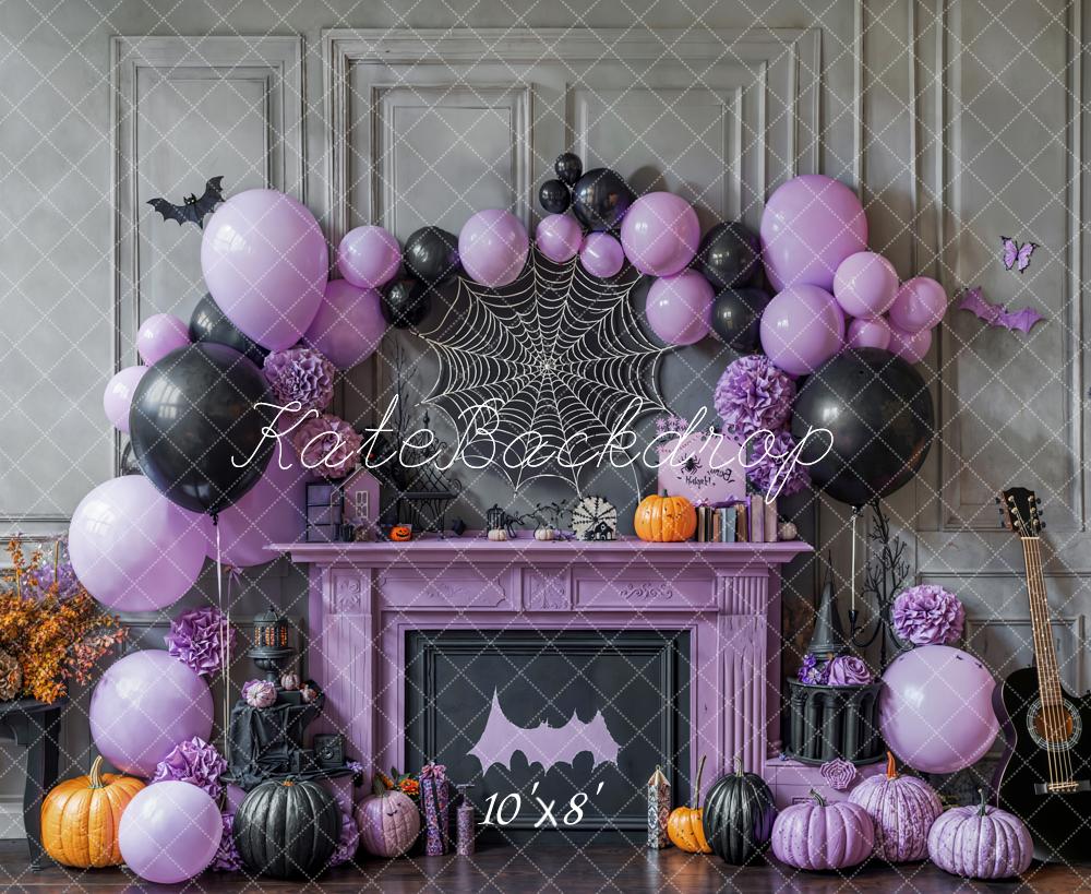 Kate Halloween Purple Fireplace Balloons Fleece Backdrop Designed by Emetselch -UK