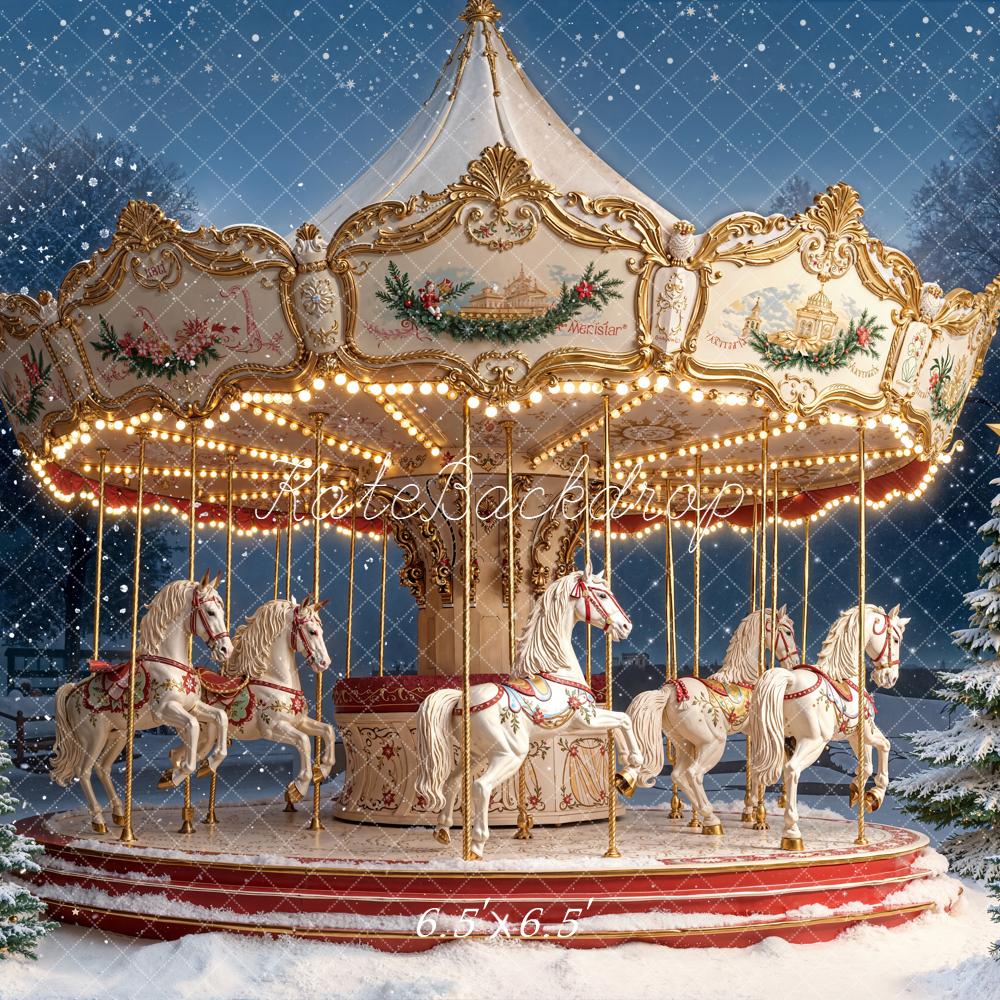 Kate Carousel Horses Snowy Christmas Trees Backdrop Designed by Emetselch