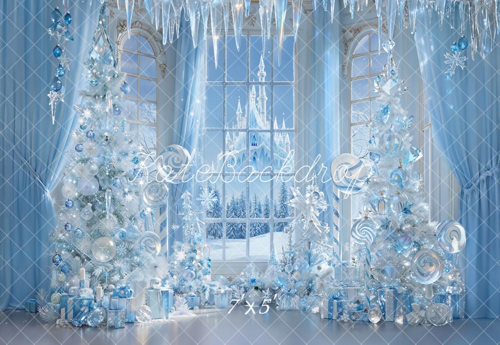 Kate Christmas Blue Castle Present Trees Backdrop Designed by Emetselch
