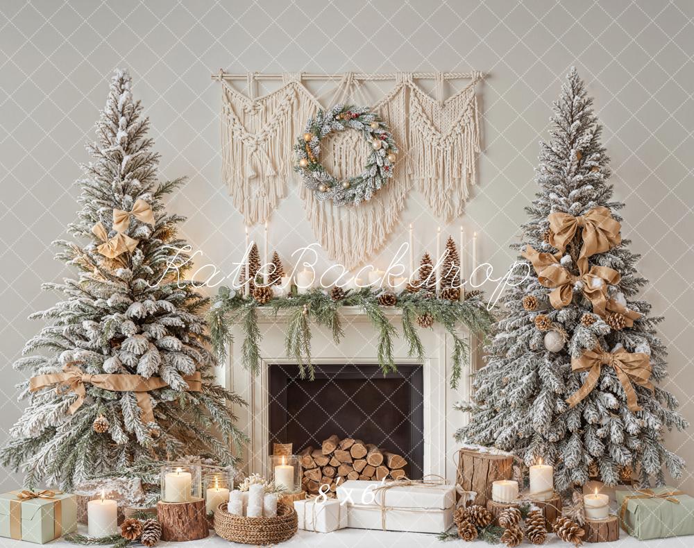 Kate Christmas Fireplace Trees Candles Fleece Backdrop Designed by Emetselch