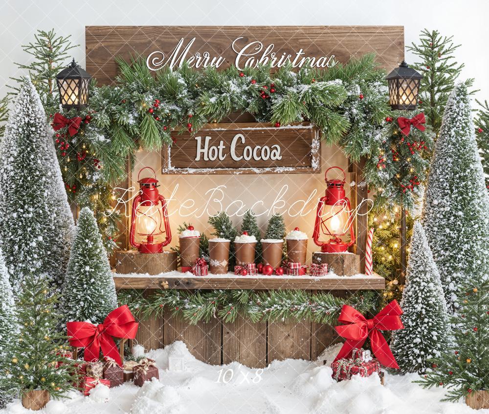 Kate Christmas Hot Cocoa Stand Snowy Trees Fleece Backdrop Designed by Emetselch -UK