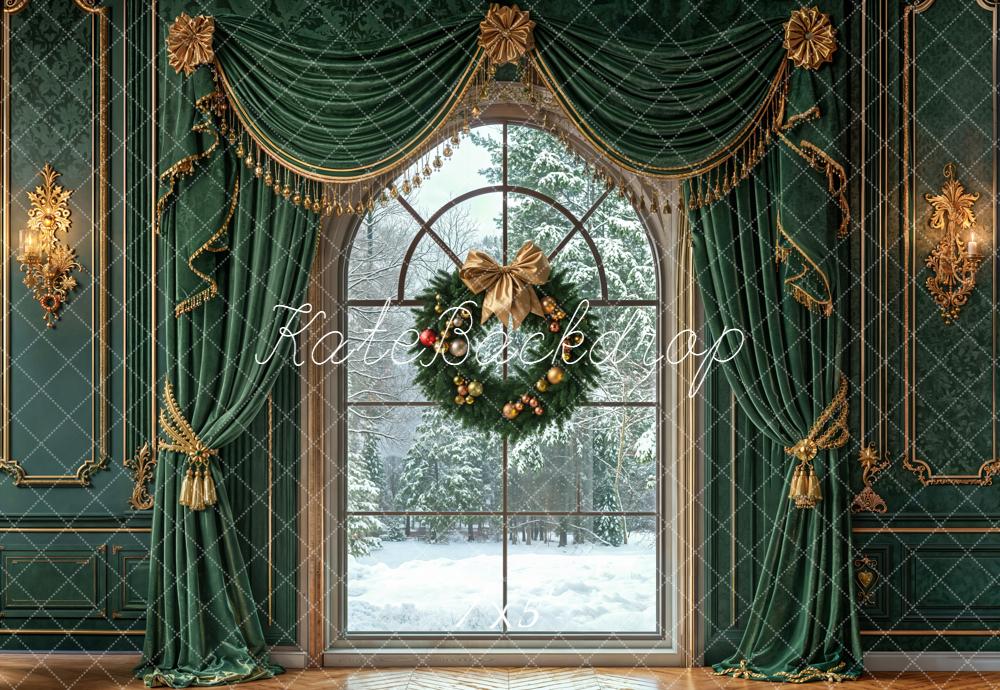 Kate Christmas Wreath Green Curtains Wall Backdrop Designed by Emetselch -UK