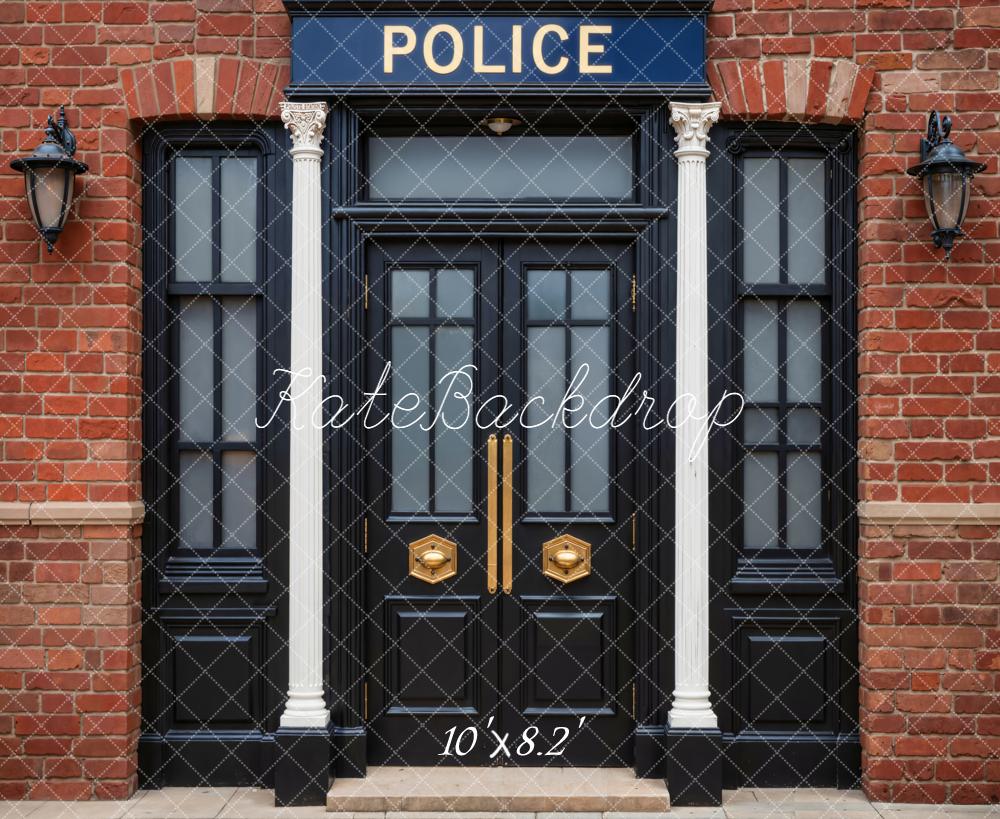 Kate Police Station Brick Columns Lanterns Fleece Backdrop Designed by Emetselch -UK