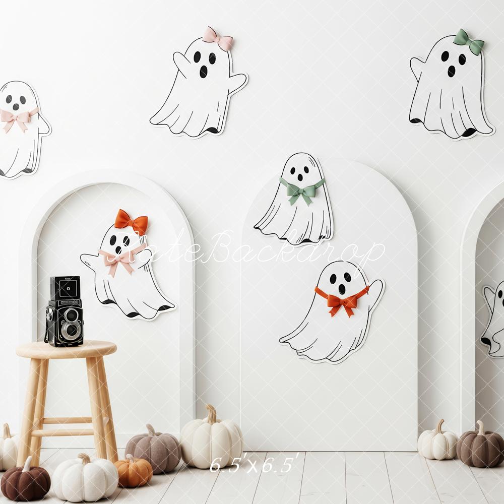 Kate Halloween Cute Ghosts Pumpkins White Backdrop Designed by Patty Robert