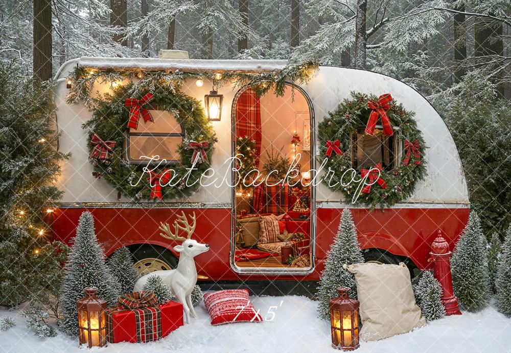 Kate Christmas Caravan Reindeer Presents Snow Backdrop Designed by Emetselch