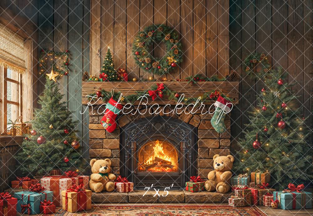Kate Christmas Fireplace Teddy Bears Trees Backdrop Designed by Emetselch -UK