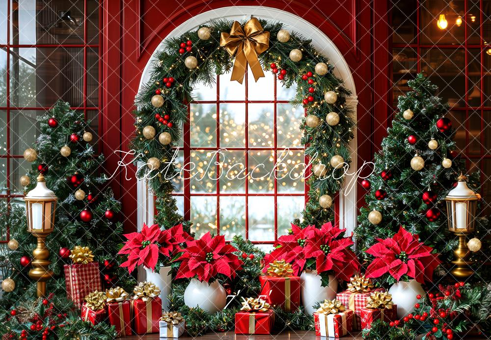 Kate Christmas Trees Garland Gifts Window Red Backdrop Designed by Mini MakeBelieve -UK