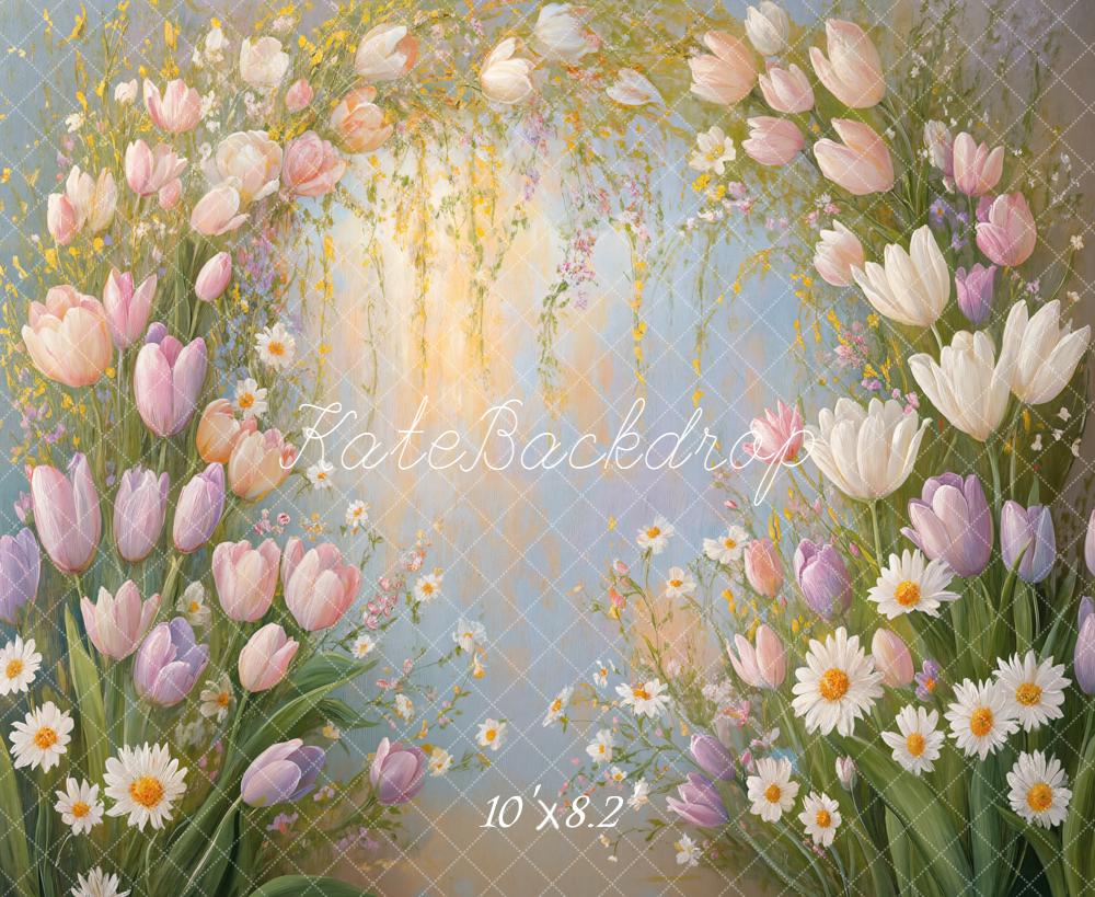 Kate Spring Arch Tulips Daisies Fleece Backdrop Designed by Emetselch -UK