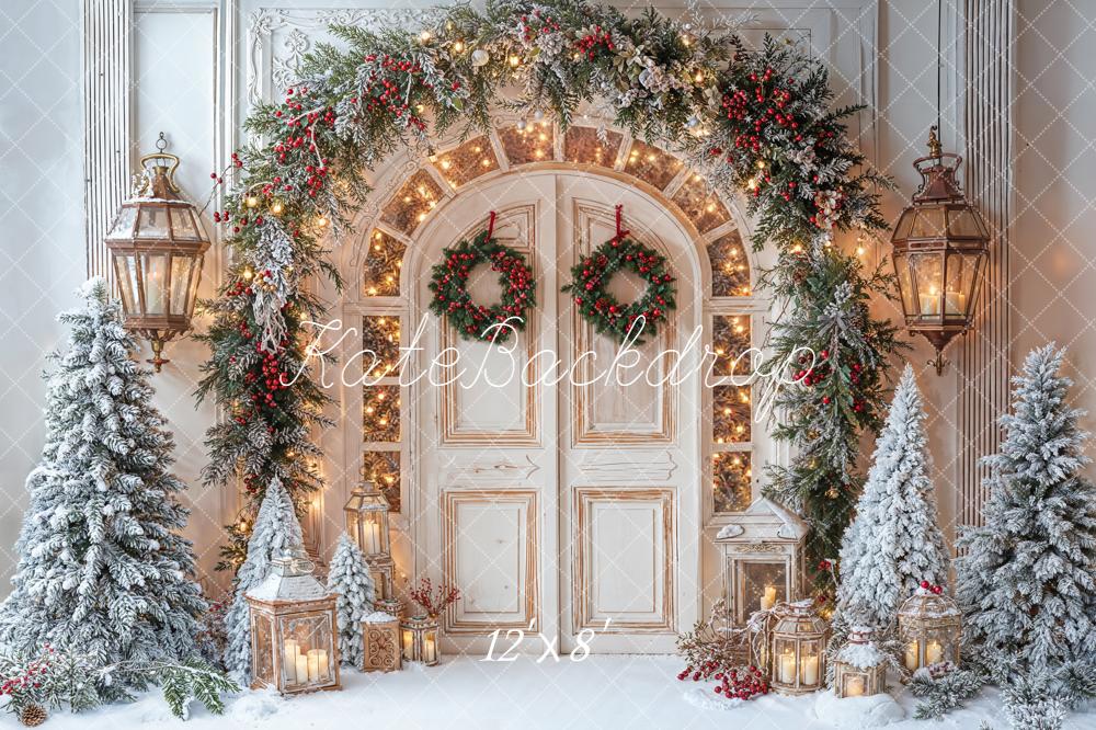 Kate Christmas Snowy Door Garland Lanterns Backdrop Designed by Emetselch