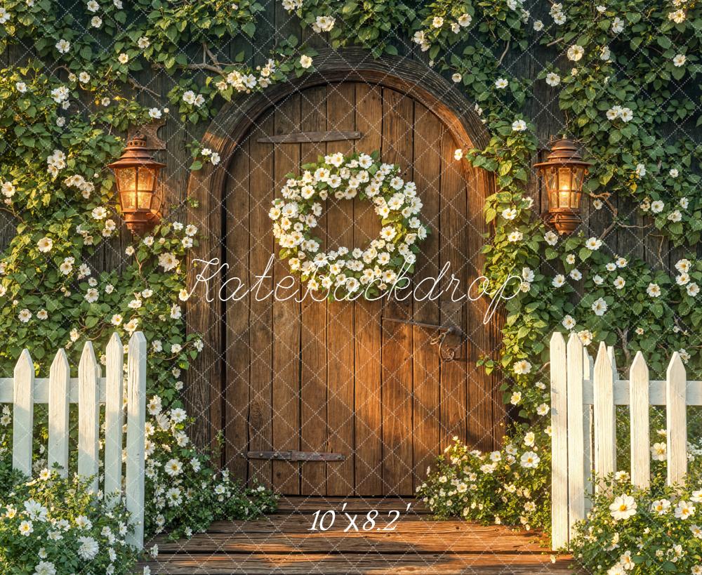 Kate Flower Arch Wooden Door White Fence Fleece Backdrop Designed by Emetselch -UK