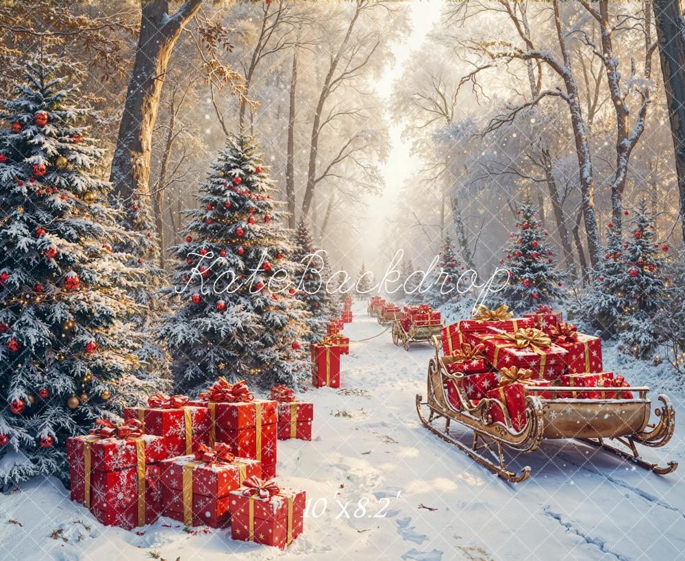 Kate Christmas Forest Sleigh Presents Fleece Backdrop Designed by Emetselch