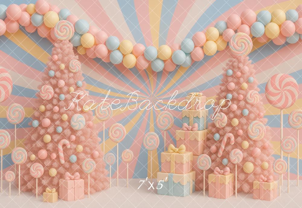 Kate Christmas Pastel Candy Trees Presents Backdrop Designed by Ashley Paul