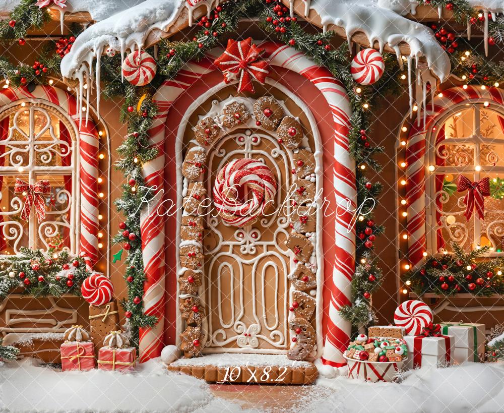 Kate Christmas Gingerbread House Candy Cane Fleece Backdrop Designed by Emetselch -UK