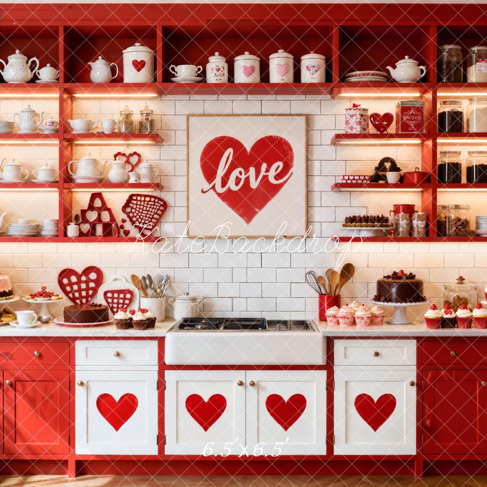 Kate Valentine Red Kitchen Love Hearts Backdrop Designed by Emetselch