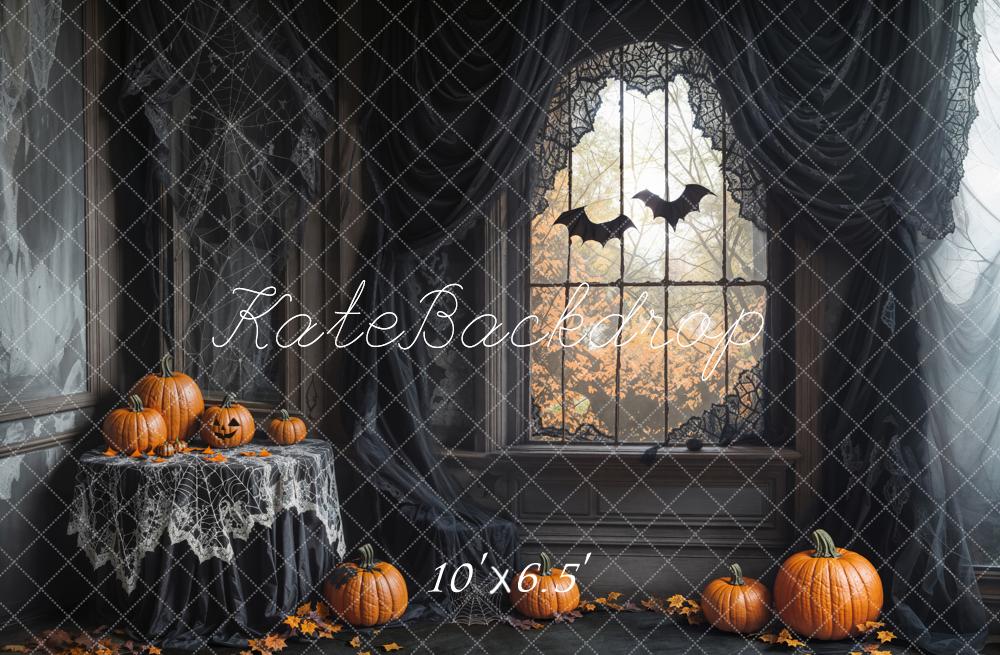 Kate Halloween Pumpkins Bats Cobweb Fleece Backdrop Designed by Emetselch -UK