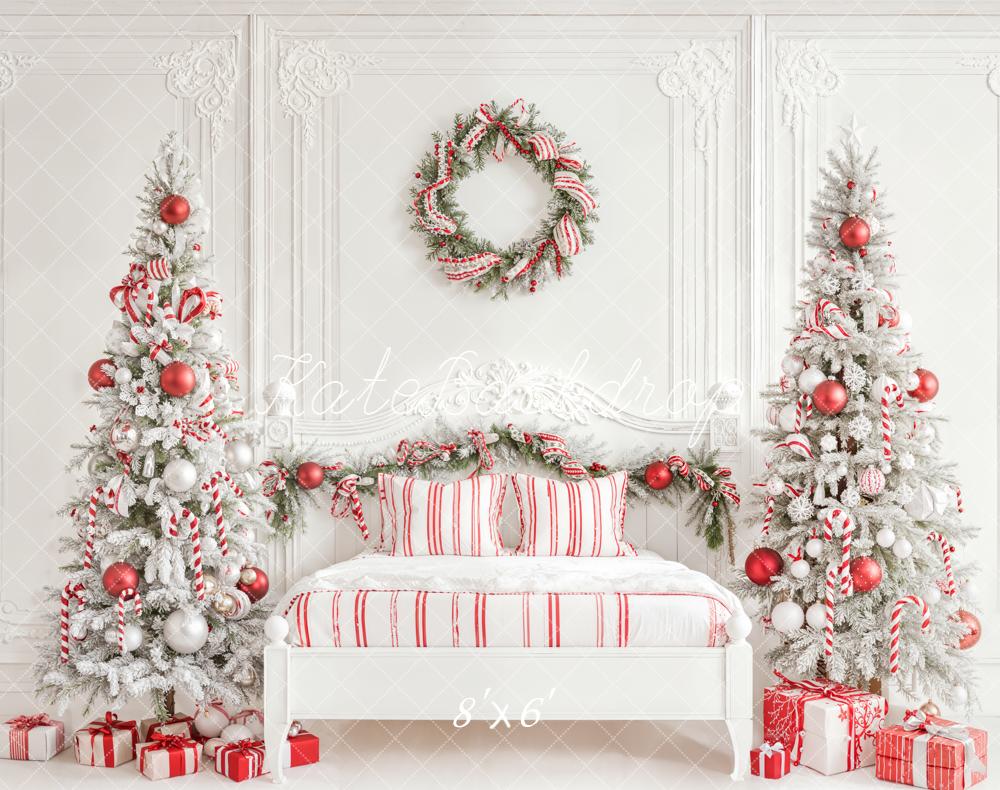 Kate Christmas White Trees Candy Cane Fleece Backdrop Designed by Emetselch -UK