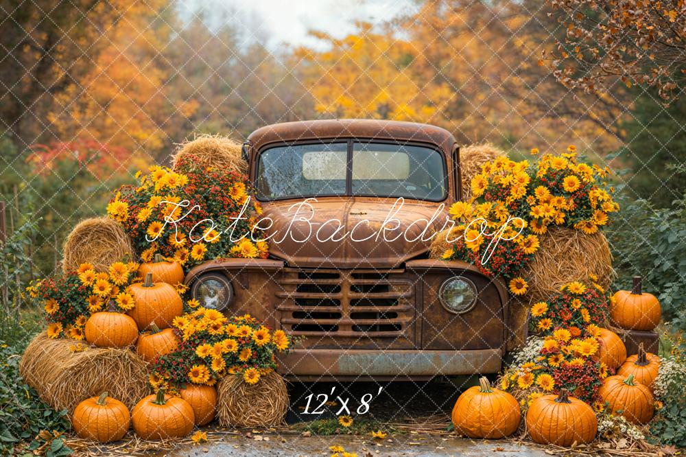 Kate Autumn Truck Pumpkins Hay Bales Fleece Backdrop Designed by Emetselch -UK