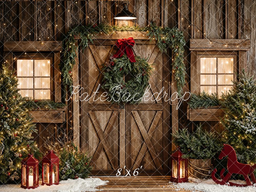 Kate Christmas Rustic Wooden Door Garland Fleece Backdrop Designed by Emetselch -UK