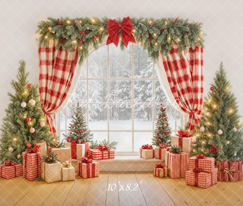 Kate Christmas Window Red Plaid Curtains Presents Fleece Backdrop Designed by Emetselch -UK