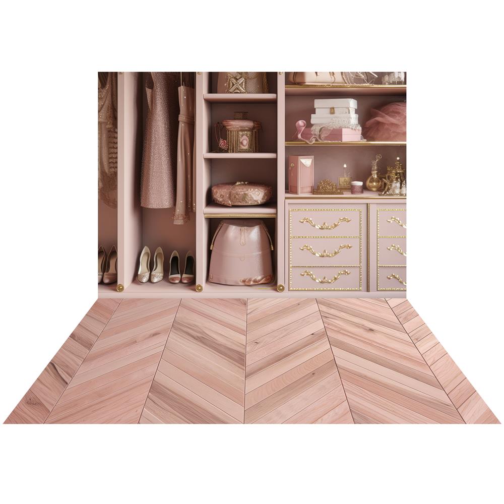 Kate Pink Cloakroom Backdrop+Light Pink Tilt Wooden Floor Designed by Mandy Ringe Photography