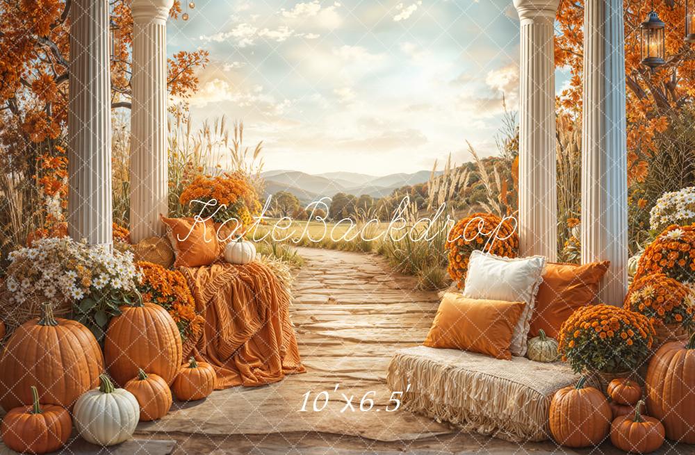 Kate Autumn Pumpkins Flowers Columns Path Fleece Backdrop Designed by Emetselch -UK