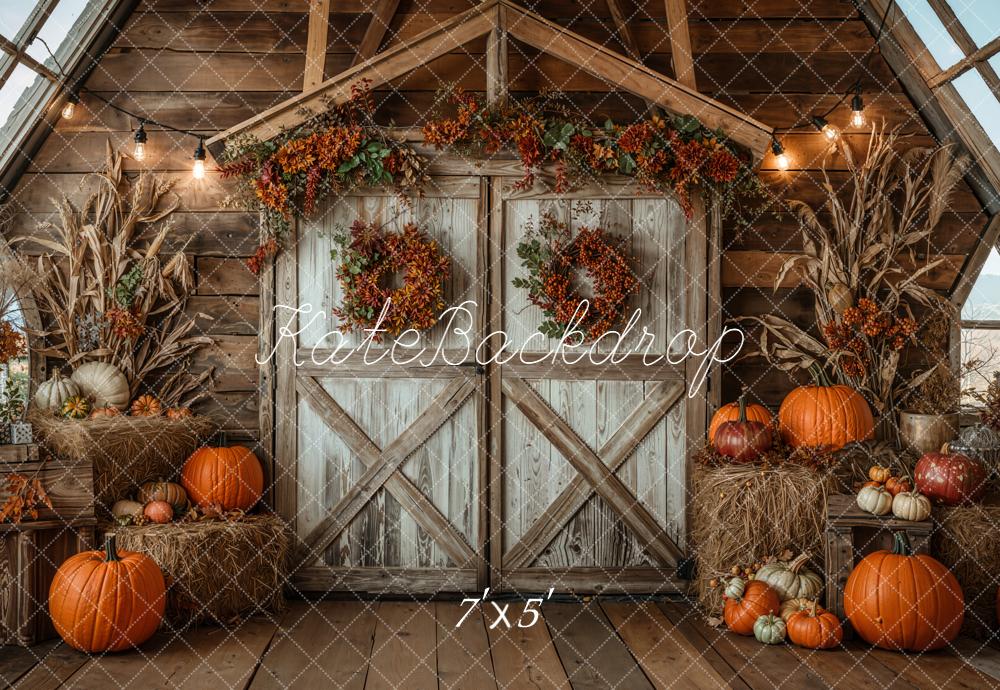 Kate Autumn Barn Door Pumpkins Hay Backdrop Designed by Emetselch