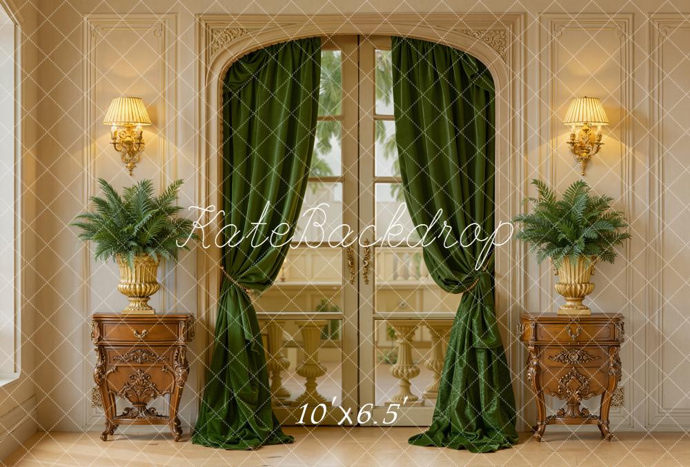 Kate Vintage French Doors Green Curtains Ferns Fleece Backdrop Designed by Emetselch -UK
