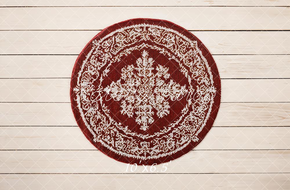 Kate Round Red Rug White Wood Planks Fleece Backdrop Designed by Emetselch -UK