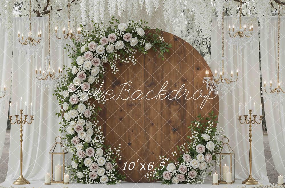 Kate Wedding Garland Chandeliers Wood Backdrop Designed by Mini MakeBelieve -UK