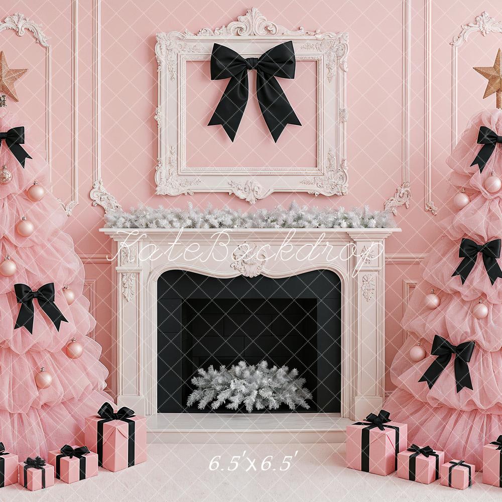 Kate Christmas Pink Trees Black Bows Fireplace Backdrop Designed by Ashley Paul