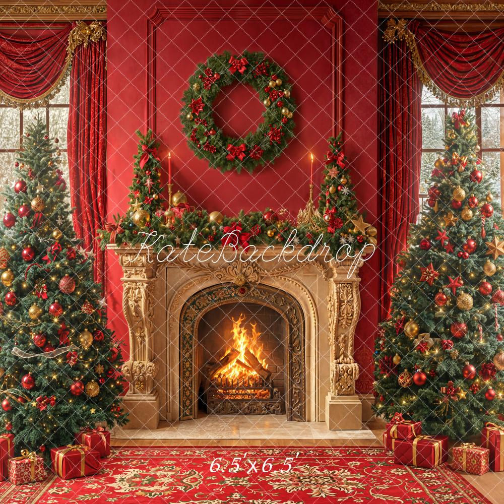Kate Red Christmas Fireplace Wreath Trees Backdrop Designed by Emetselch
