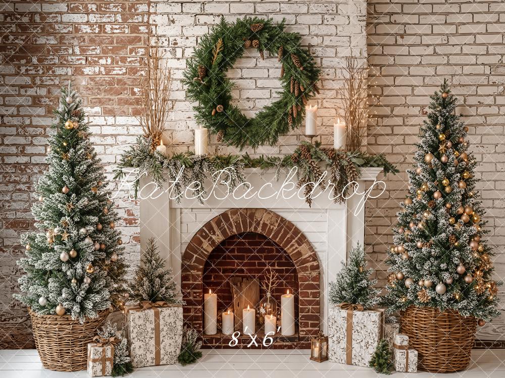 Kate Christmas Fireplace Wreath Gift Fleece Backdrop Designed by Emetselch