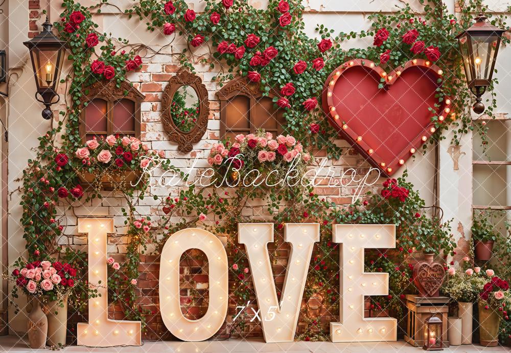 Kate Valentine Love Red Roses Heart Brick Wall Backdrop Designed by Emetselch -UK
