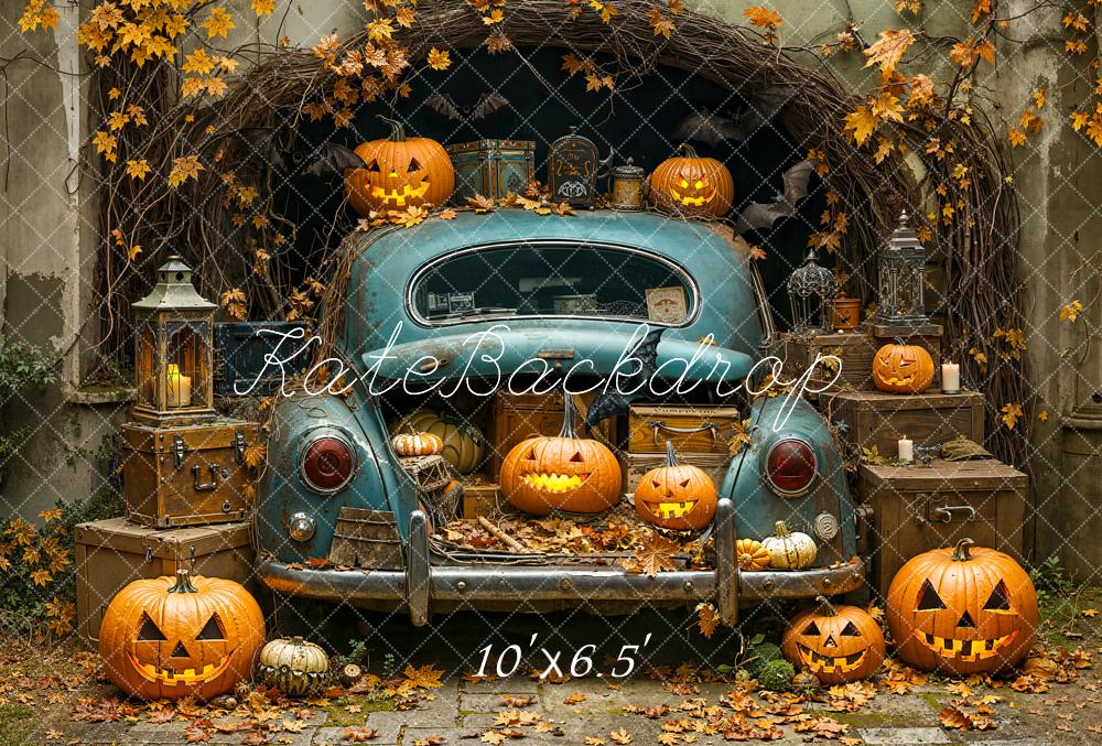 Kate Halloween Car Pumpkins Autumn Leaves Fleece Backdrop Designed by Emetselch -UK