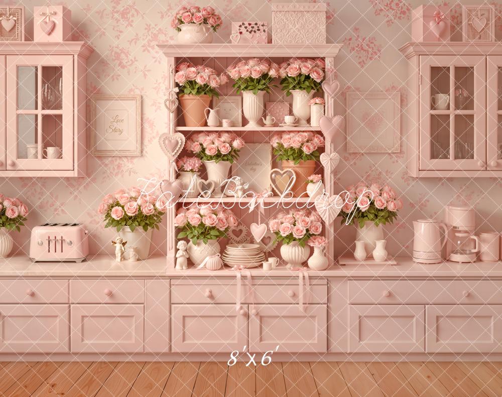 Kate Pink Kitchen Floral Shelf Fleece Backdrop Designed by Emetselch