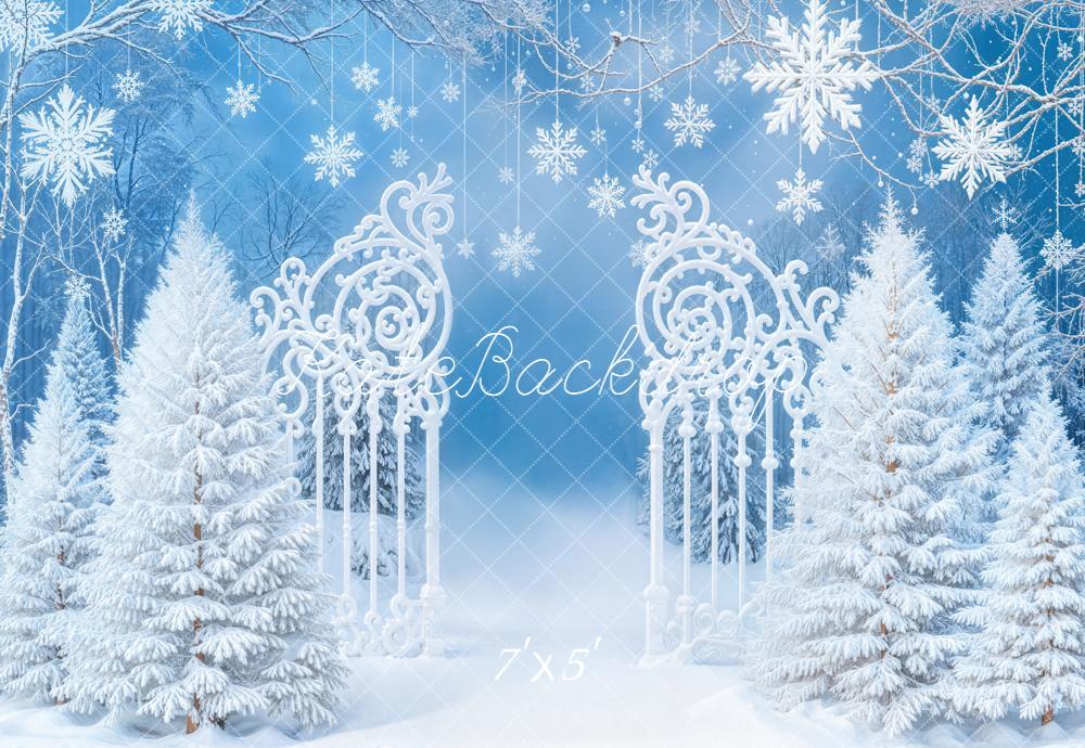 Kate Winter Snowy Trees Ornate Gate Blue Backdrop Designed by Emetselch -UK
