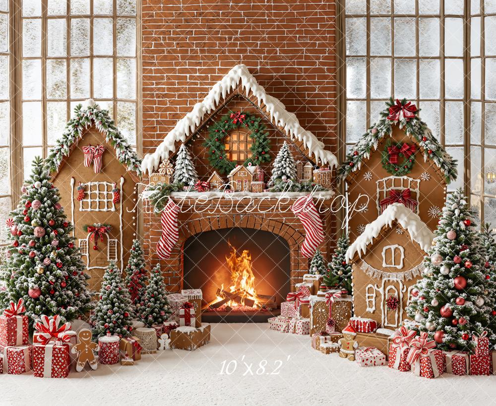 Kate Christmas Gingerbread Fireplace Tree Gifts Fleece Backdrop Designed by Emetselch