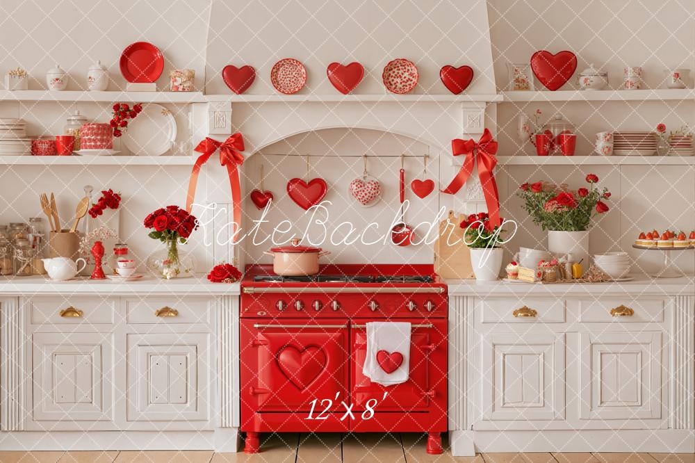 Kate Valentines Kitchen Red Stove Bows Hearts Backdrop Designed by Emetselch