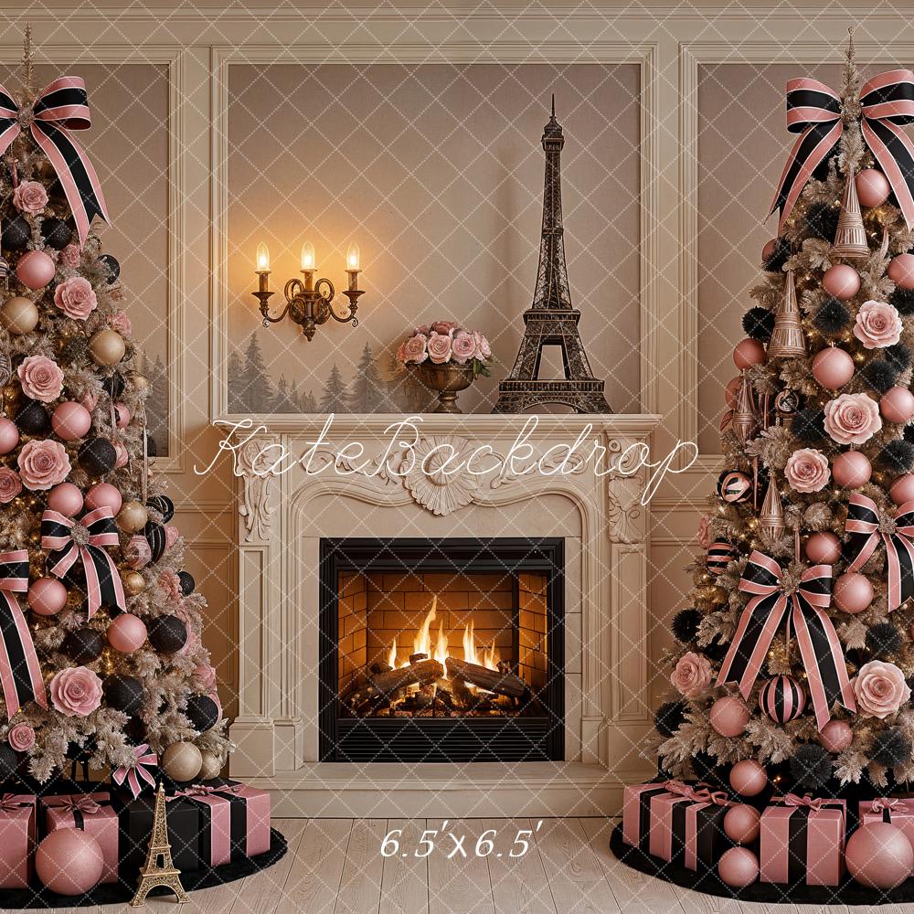 Kate Christmas Trees Fireplace Parisian Decor Backdrop Designed by Ashley Paul