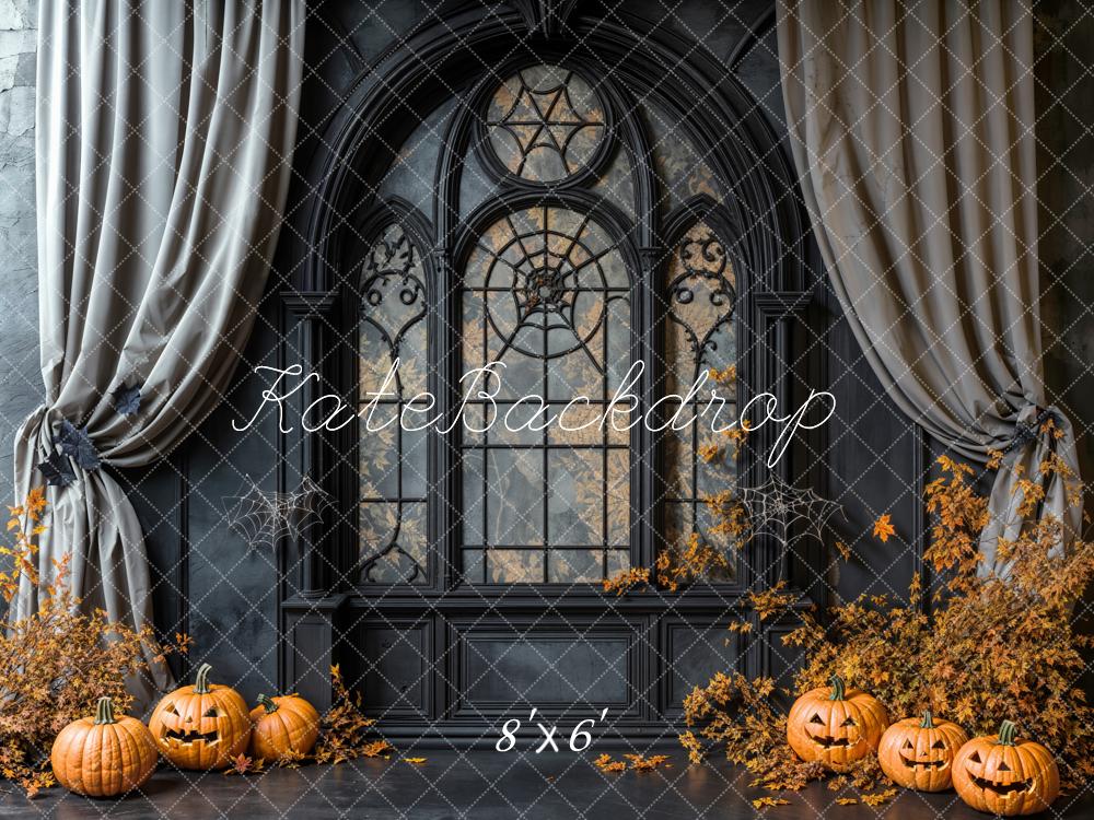 Kate Halloween Pumpkins Gothic Window Fleece Backdrop Designed by Emetselch -UK