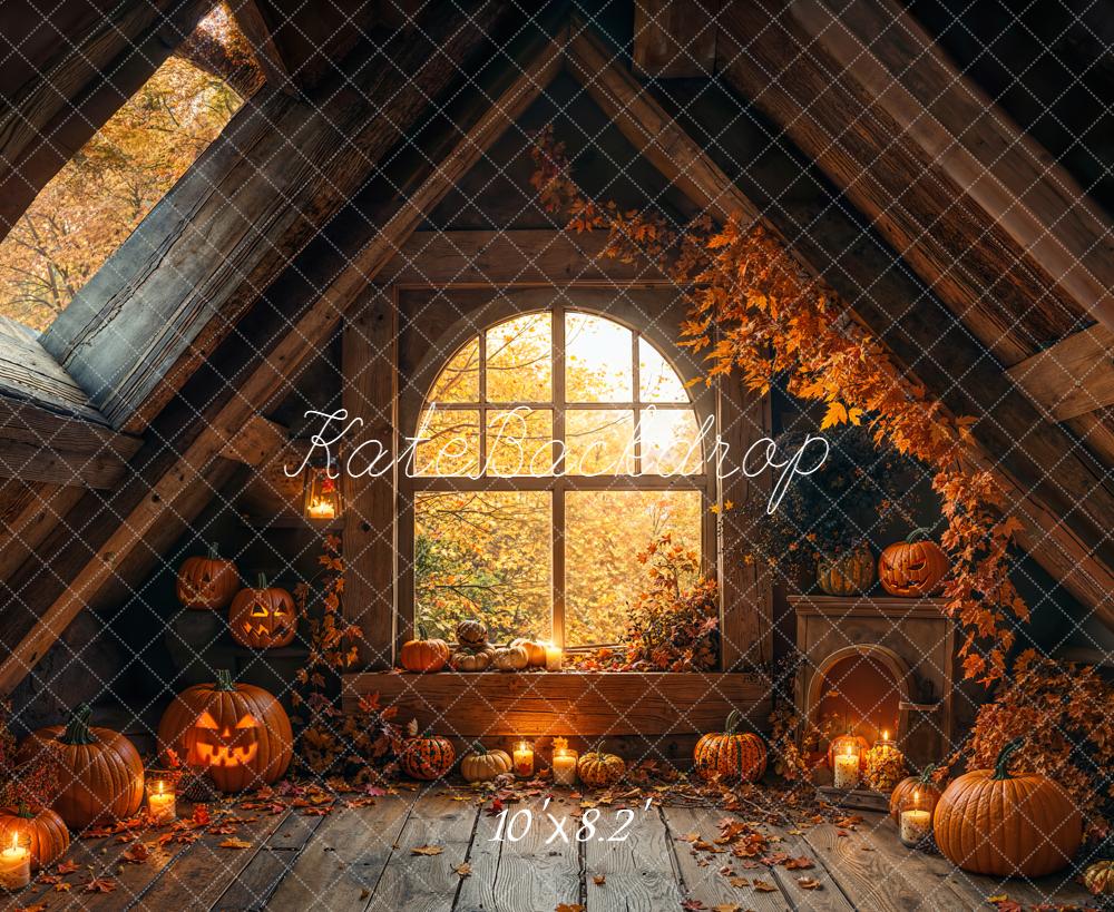 Kate Halloween Attic Pumpkins Autumn Fleece Backdrop Designed by Emetselch